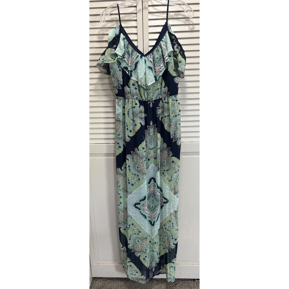 Lily Rose Paisley Chiffon Cold Shoulder Maxi Dress NWT Sz M Lined Ruffle